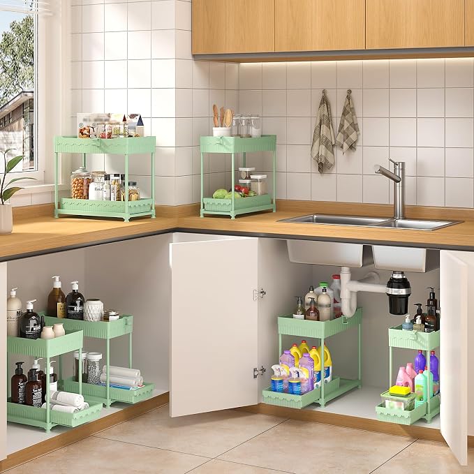 Sevenblue 3 Pack Under Sink Organizers,2-Tier Multi-Use Kitchen and Bathroom Organizers and Storage with Sliding Drawers,Bathroom Cabinet Organizer (Green, 12.8 Inch)