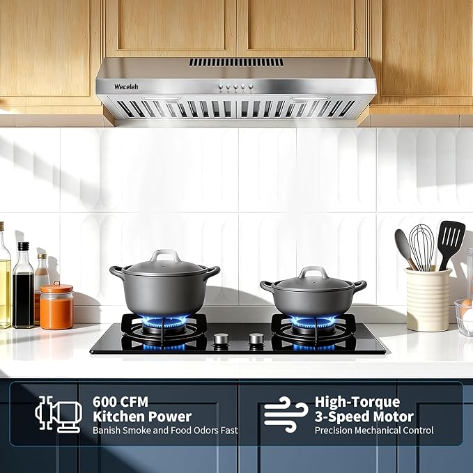 30 Inch Under Cabinet Range Hood - 600 CFM Ducted/Ductless Convertible Kitchen Vent Hood, Stainless Steel, 3 Speed with Baffle Filters & 2 LED Lights Brushed Finish, ETL Certification
