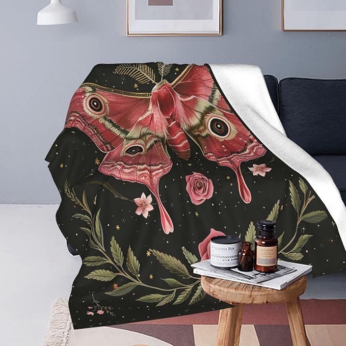 Moth Blanket Butterfly Decor Throw Blanket Comfy Plush Flannel Fleece Warm Soft Fluffy Fuzzy Blanket Gothic Gifts for Girls Boys Women Teens for Room Bed Sofa Couch 40"X50"