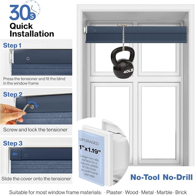 No Drill Cellular Shades, Dark Blue Custom Size Cordless Light Filtering Pull Down Pleated Honeycomb Blind Thermal Insulated Easy Install for Indoor Window Bedroom Living Room Kitchen Door