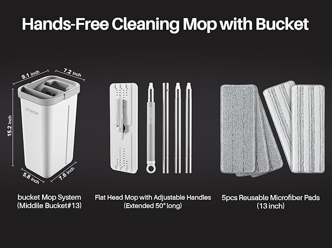 JOYMOOP Mop and Bucket Set, Hands-Free Flat Floor Mop and Bucket, 5 Washable Microfiber Pads, Wet and Dry Use, Ideal for Household and Commercial Floor Cleaning