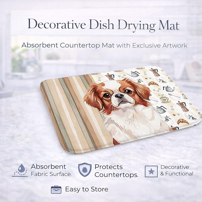 Caroline's Treasures Red and White Japanese Chin Coffee Bar Dish Drying Mat Absorbent Dish Drying Mat Pad for Kitchen Counter Dish Drainer Mat for Countertop, 14 x 21", Multicolor