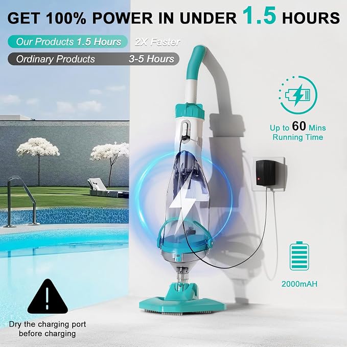 Cordless Above Ground Pool Vacuum, 19 GPM Handheld Spa Hot Tub Vacuum Cleaner with 60" Extendable Pole, 60 Min Running Time, Ideal for Cleaning Debris and Sand Underwater