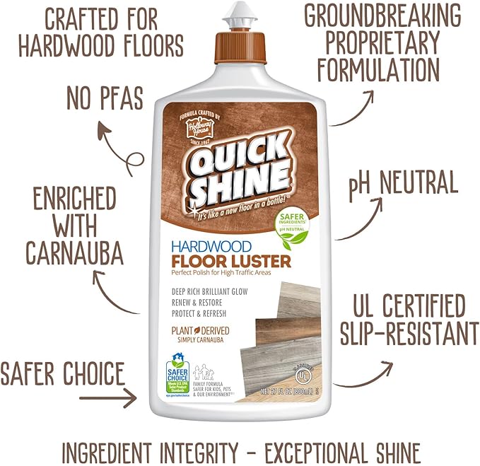 Quick Shine Hardwood Floor Luster-Polish 27oz-6pk | Plant-Derived w/Carnauba | Safer Choice, No PFAS, pH Neutral | Ready to Use Formula w/Anti-Slip Technology | Simply Squirt & Spread | Made in USA