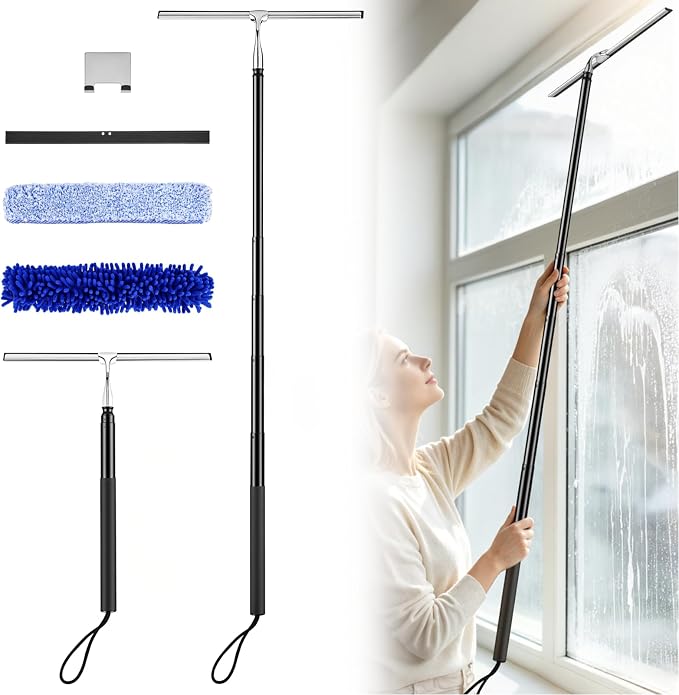 Shower Squeegee for Glass Doors, 2-in-1 Professional Window Cleaner Tool with Extension Pole, 14" Wide Window Washing Equipment for High Outside Glass, Solar Panels, Shower & Car Windshield