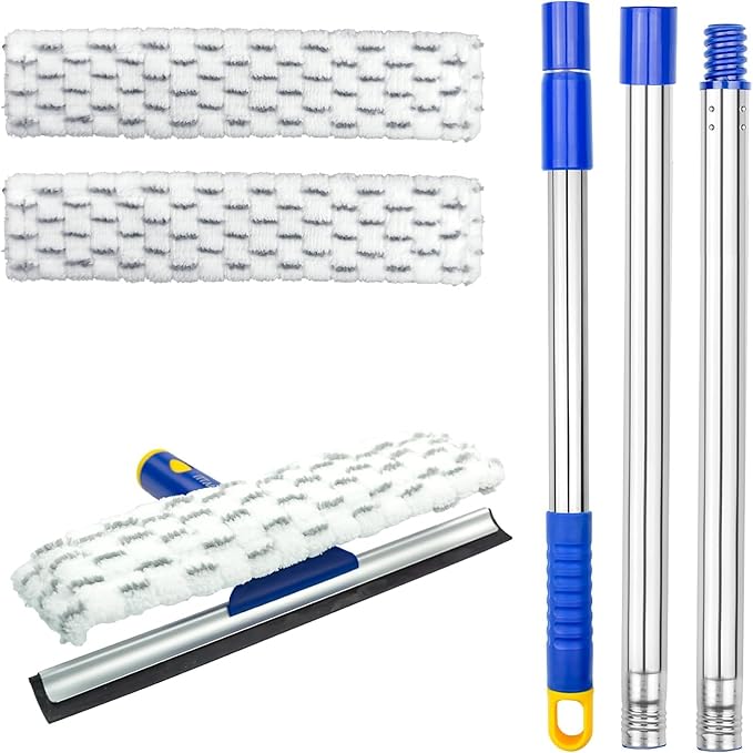ITTAHO 60" Window Squeegee Cleaner 2 in 1 Window Cleaning Tool Kit Window Washing Kit with Extension Pole for Shower Glass, Indoor/Outdoor High Window Cleaning-Two Pads