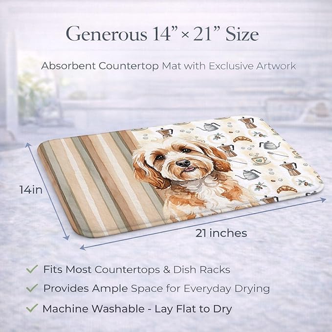 Caroline's Treasures Cavapoo Coffee Bar Dish Drying Mat Absorbent Dish Drying Mat Pad for Kitchen Counter Dish Drainer Mat for Countertop, 14 x 21", Multicolor