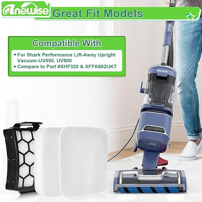 Anewise UV850 Filter Replacement for Shark Performance Lift Away UV850 UV900 Detect UV950 LA492 DuoClean Upright Vacuum, 2 HEPA Filters and 4 Foam & Felt Filters, Compare to Part #XHF320 & XFFK602UKT