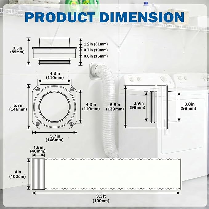 DV180 Magnetic Dryer Vent Kit, Prevent Lint Fires, Saves 4-6" Space, Self-Aligning Quick-Release, 4" x 3.3ft Aluminum Duct, Airtight Tool-Free Cleaning for Safe Low-Lint Ventilation (Sliver)