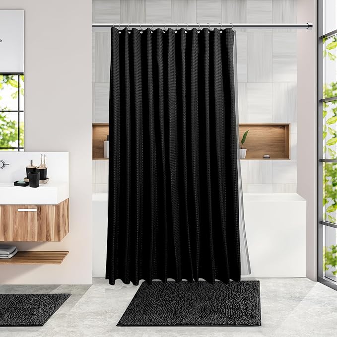 Clara Clark Bathroom Accessories Set - Bathroom Set, Bathroom Sets with Shower Curtain and Rugs, Shower Curtain Set with Bathroom Trash Can - Black - 22PC