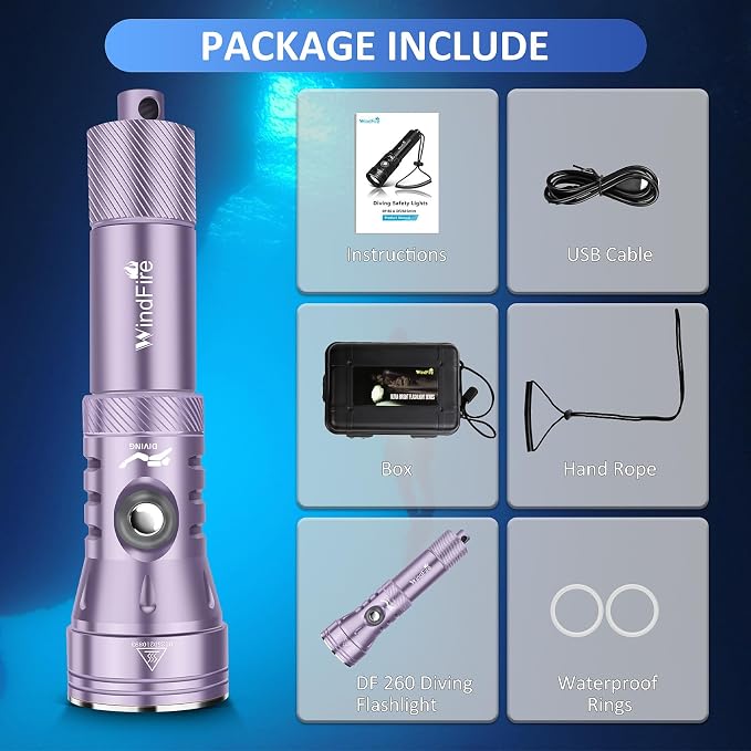 WINDFIRE Dive Light, High-Powered Rechargeable Scuba Flashlight with Power Indicator, IPX8 Waterproof, 12° Beam Angle, 4 Modes Snorkeling Diving & Underwater Exploration Torch (Purple)