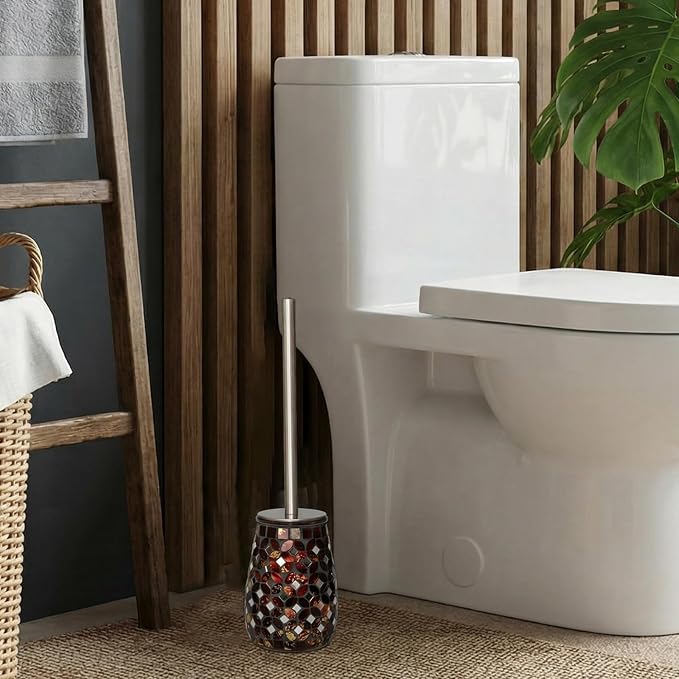Handmade Mosaic Toilet Brush and Holder Set, Decorative Brown Glass Toilet Bowl Brush with Stainless Steel Handle, Luxury Bathroom Accessories Set, Mosaic Bathroom Decor, Weighted Base