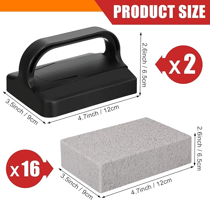 Kacctyen 16 Pcs Pumice Stones Scrubbing Grill Griddle Cleaning Brick Block Grill Cleaning Stone Griddle Scrubber Cleaner with 2 Pcs Handle for Outdoor BBQ Oven Flat Top Cookers Remove Greases Stains