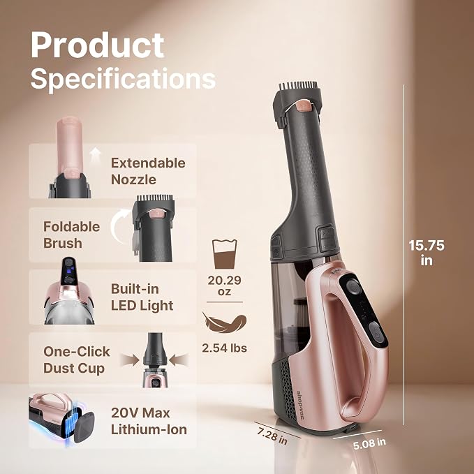 Shop-Vac S3 20V Handheld Vacuum Cordless, Rotatable Nozzle, Dual-Speed Powerful Portable Car Vacuum Rechargeable, Wall-Mounted Lightweight Hand Vacuum for Home & Car, LED, HEPA Filter, Champagne Gold