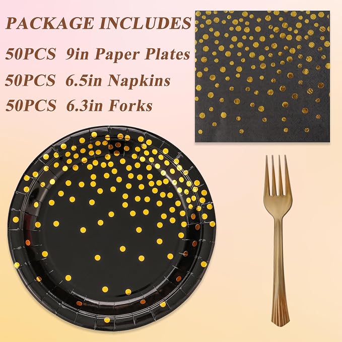 150 PCS Black and Gold Paper Plates Napkins Forks Party Supplies Serves 50, Golden Dot Disposable Paper Dinnerware 9" Plates for Birthday, New Years Eve, Graduation, Retirement Party