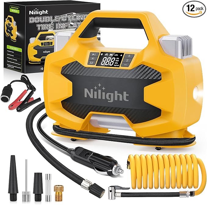 Nilight Portable DC 12V Heavy Duty Tire Inflator Dual Cylinders and Dual Motors Tire Pump 150PSI Air Pumps Auto Shutoff with Screen and LED Light Air Compressor for Pickup Truck ORVs SUVs Cars