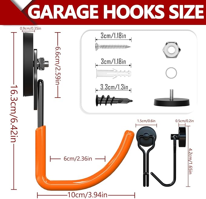 3-H Extra Strong Magnetic Hooks,Heavy Duty Large Anti-Slip Magnet Hooks J Shape,No-Drill Tool Holder for Garage,Power Drill,Garden Tools,Hose Storage,2 Pack Orange