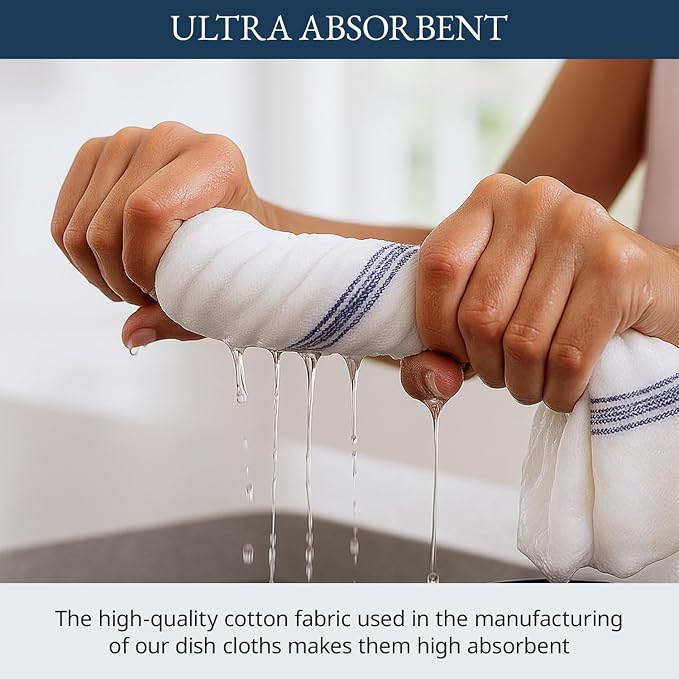 LANE LINEN Kitchen Towels, 6 Pack 14"x25" Dish Drying Towels, 100% Cotton Tea Towel with Hanging Loop, Reusable Napkin, Durable After Multiple Washes, Soft & Absorbent - Blue Stripe