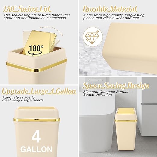 3 Pack Bathroom Trash Can with Lid 4 Gallon Small Trash Can with Swing Lid Bathroom Garbage Can with 225 Counts Trash Bags for Kitchen Bedroom Office(Black White Beige)