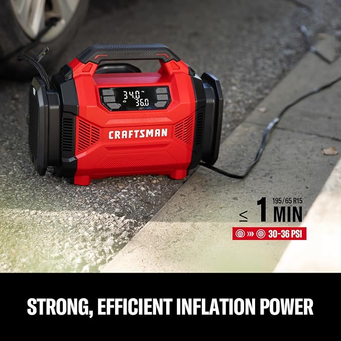 CRAFTSMAN Dual Power Tire Inflator with Digital Gauge & Auto Shut-Off | 12V DC Car Plug and 120V AC Home Use with Up to 150 PSI, LED Light, Portable Air Pump for Car Tires, Bikes and Inflatables