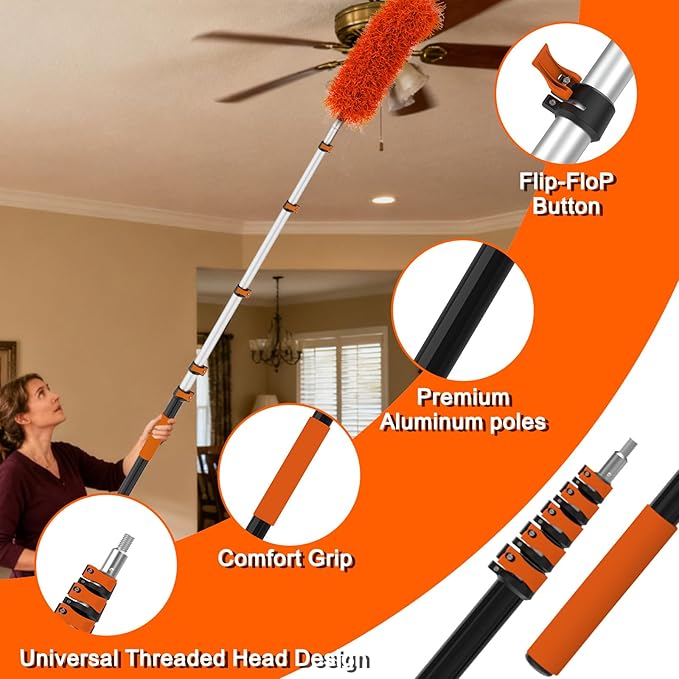 26FT Reach Duster Kit, Window Cleaning with 5-20FT Telescoping Extension Pole, High Ceiling Duster, Microfiber Feather Duster, Cobweb Duster, Window Squeegee, Feather Duster, Extendable Pole Kit