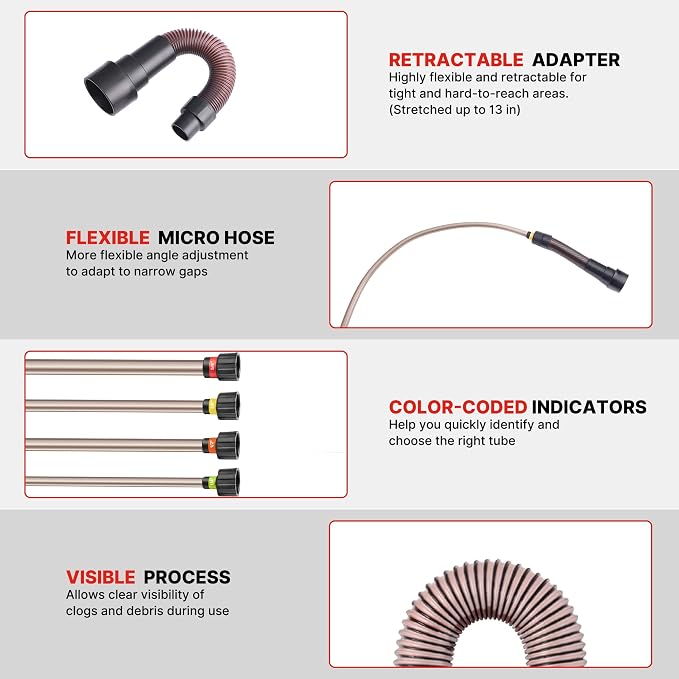 Shop-Vac Long Reach Flexible Micro Hose Set, Flexible Shop Vac Attachments with Universal Fit Adapter from 1-1/4”, 1-1/2”, 1-7/8”, 2-1/2”, Ideal for tight spaces, crevice corners and dryer vent