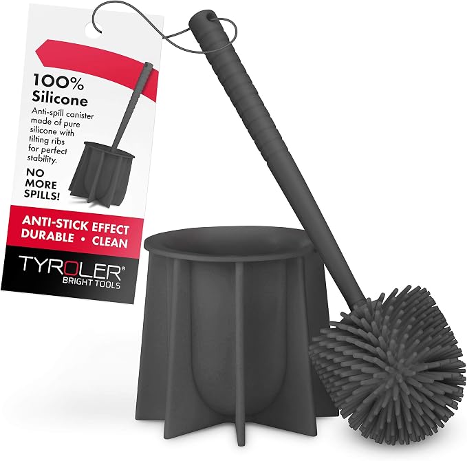 Tyroler Bright Tools Toilet Brush Set Made of 100% Silicone, Anti-Stick Effect Bristle Toilet Bowl Brush and Holder Fit All Toilets & Bathrooms (Gray)