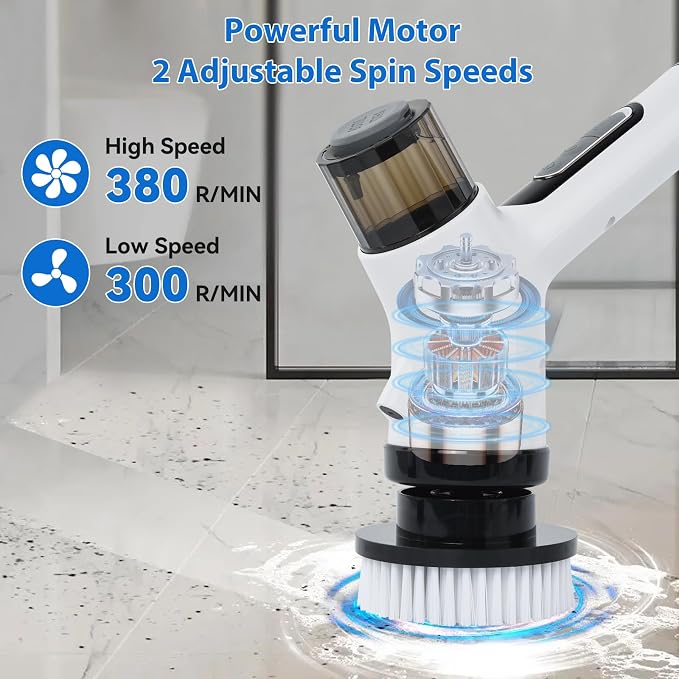11 in 1 Electric Spin Scrubber Cordless Shower Scrubber with 2 Adjustable Speeds Spray Shower LED Display Shower Cleaner Brush with Long Handle for Bathroom Floor Tub Tile Toilet IPX7 Waterproof | Shower Scrubbe LED Display Shower Cleaner Brush with Lo...