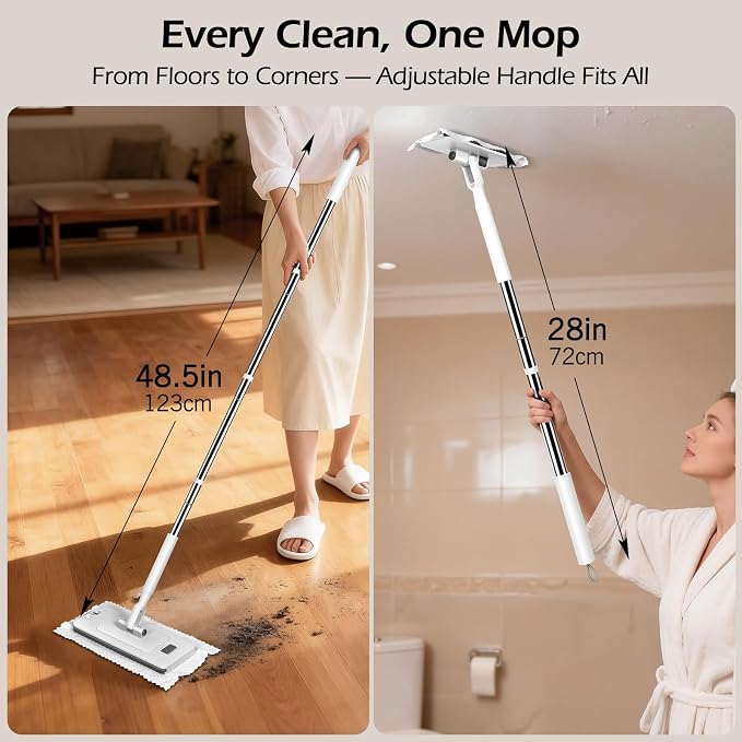 MASTERTOP Hands Free Flat Mop with Mini Sweeper Mop,2-in-1 Disposable Dust Mop with 47" Long Handle,Microfiber Mops for Floor Cleaning,No-Touch, Multi Surface Floor Cleaning