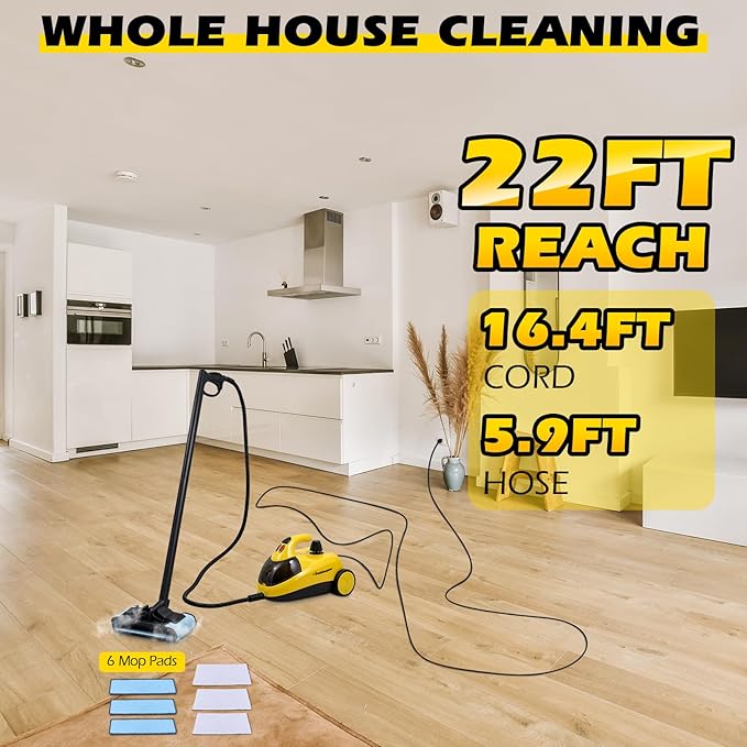 1500W Steam Cleaner 36-Piece All-in-One Attachments Kit, 99% Sanitization, 22ft Reach, 360° Rotating Brush for Home/Car/Tile/Grout/Wallpaper Removal, Chemical-Free Cleaning (36 in 1)