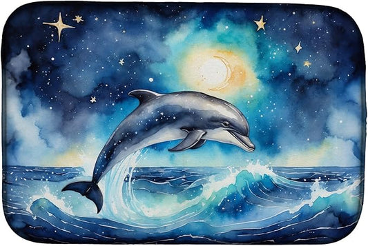 Caroline's Treasures Dolphin in a Starry Sea Dish Drying Mat Absorbent Dish Drying Mat Pad for Kitchen Counter Dish Drainer Mat for Countertop, 14 x 21", Multicolor