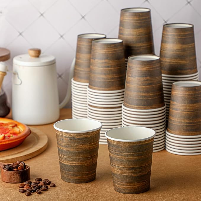 Funtery 100 Pcs Paper Drinking Cups, 9 oz Party Favor Supplies Decorations Disposable Drinking Cups for Western Theme Birthday Party Drinks Holidays Dinner(Retro Wood Grain)