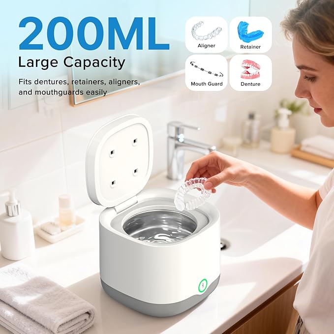 Ultrasonic Retainer Cleaner with UV-C, 45kHz Rechargeable Dental Cleaning Machine 4000mAh, 200ML for Denture, Mouth Guard, Night Guard, Aligner, 3 Modes & 6 Cleaning Tablets
