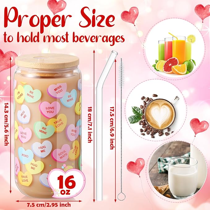 Sliner 2 Pcs Valentine's Day Cups Conversation Heart Glass Tumbler with Lid Straw Gifts 16 oz Iced Coffee Cup Drinking Glasses Holiday Cute Beer Can Tumbler for Home Office Decorations