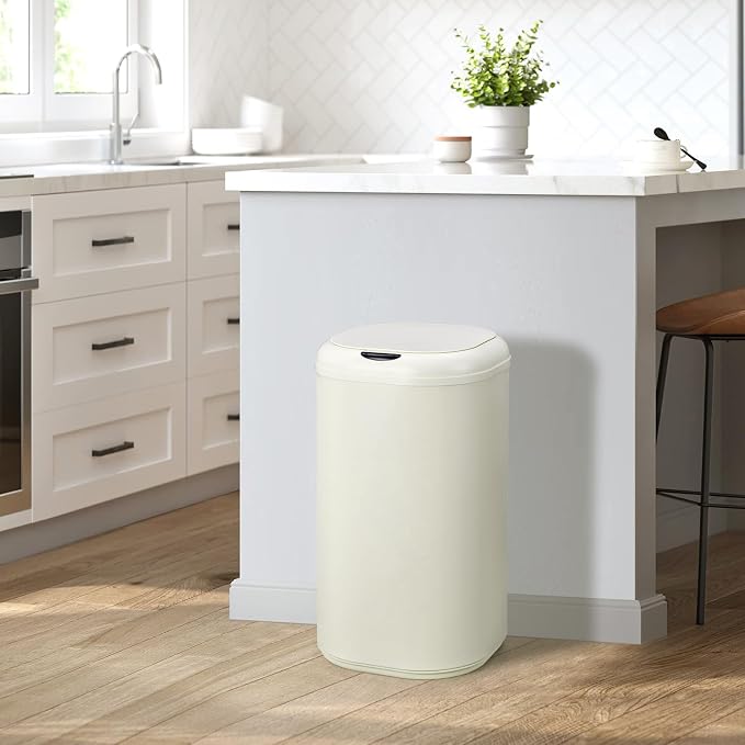 8 Gallon Touchless Trash Can, Motion Sensor Kitchen Garbage Can with Lid, 30 Liter Automatic Stainless Steel Waste Bin for Bathroom Office, Cream White