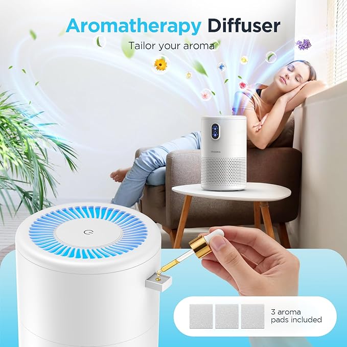 MOOKA Air Purifiers for Home Large Room up to 1076ft², H13 True HEPA Air Filter Cleaner, Odor Eliminator, Remove Smoke Dust Pollen Pet Dander, Night Light, B-D02L White