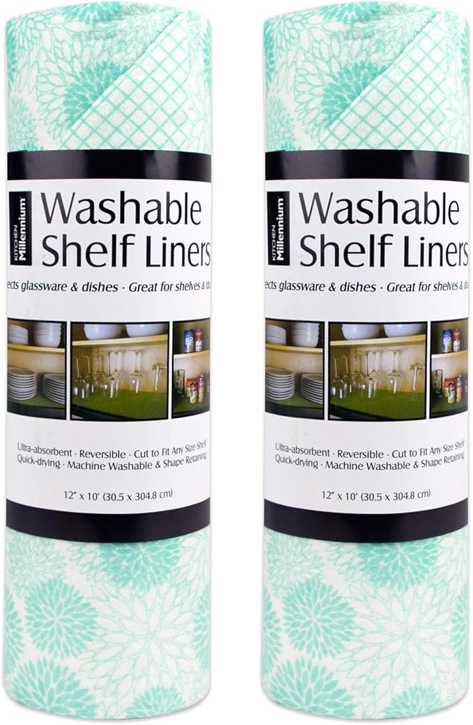 DII Fridge & Shelf Liner Collection Non-Adhesive, Cut to fit, Machine Washable, 12x20, Aqua Dahlia, 2 Piece