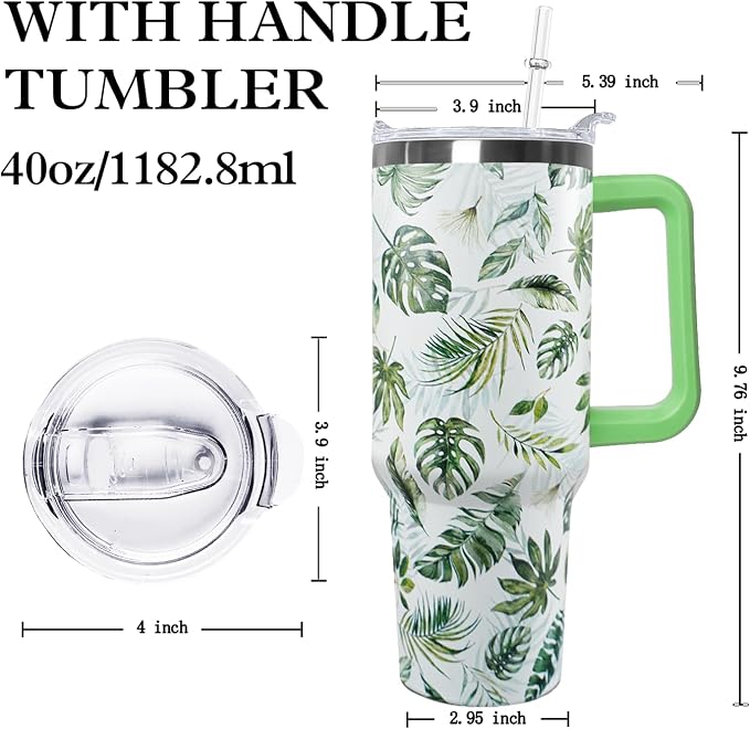 Ceovfoi 40 oz Green Insulated Stainless Tumbler - Tropical Plant Travel Coffee Cup, Water Bottle, Gardeners Gift