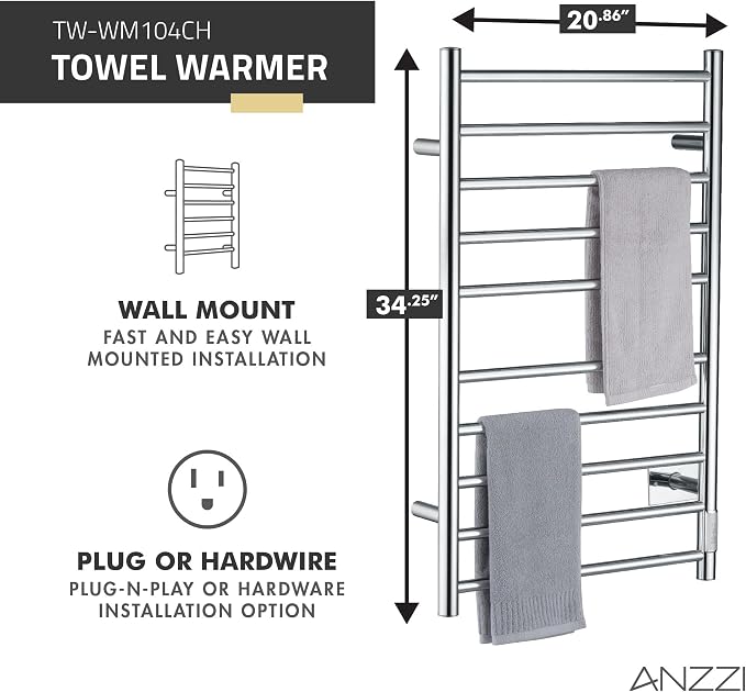 ANZZI Crete 10-Bar Stainless Steel Wall Mounted Towel Warmer Rack in Polished Chrome, 100W Quick Warming ETL Certified Tower Heater Rail, Hardwired Plug-in Towel Dryer, TW-WM104CH