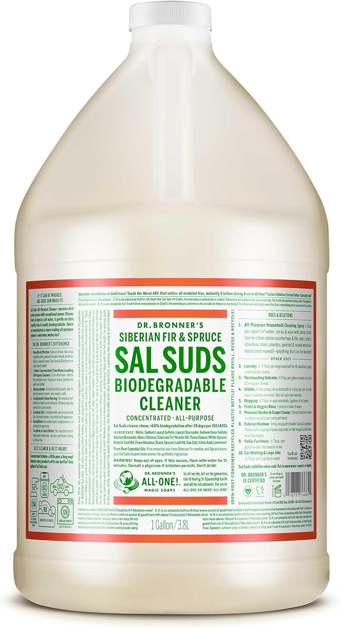 Dr. Bronner's Sal Suds Biodegradable Cleaner (1 Gallon) – All-Purpose Pine Mop Detergent for Floors, Multi-Purpose Household Formula, Dish Degreaser & Laundry Use