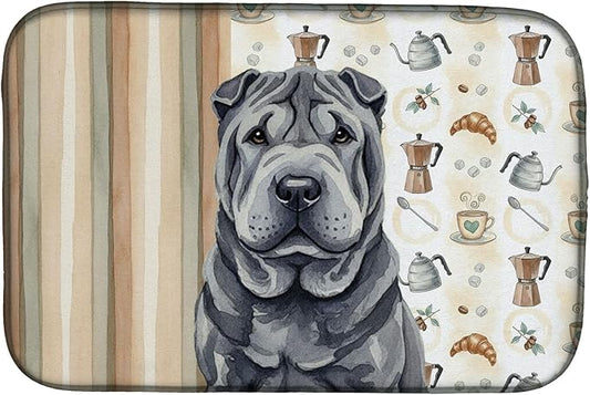 Caroline's Treasures Black Shar Pei Coffee Bar Dish Drying Mat Absorbent Dish Drying Mat Pad for Kitchen Counter Dish Drainer Mat for Countertop, 14 x 21", Multicolor