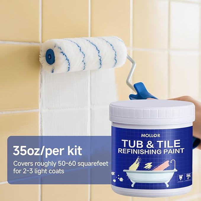 Tub and Tile Refinishing Kit with Tools, 35oz White Tile Paint Water Based & Low Odor, DIY Bathtub Paint, Easy to Use for Bathroom, Kitchen, Porcelain, Semi-Gloss, 50-60sq.ft(Lemon Yellow)