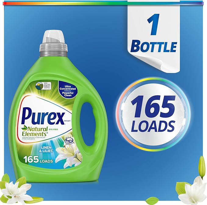 Purex Natural Elements Fresh Lilies & Linen Liquid Detergent, 82.5 oz, 165 Loads, Ultra-Concentrated, Dye-Free, USDA Certified Biobased Product (Pack of 2)