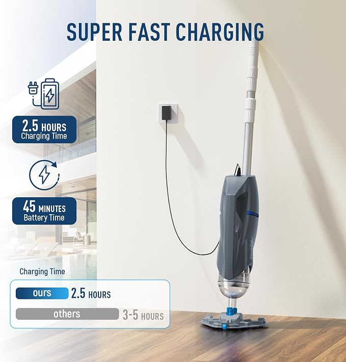 Cordless Pool Vacuum for Above Ground Pool with Telescopic Pole, 18.5 GPM Powerful Suction, 45 Mins Runtime, Rechargeable Handheld Pool Cleaner with 2 Brush Heads for Inground Pools