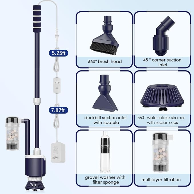 AQQA Fish Tank Cleaner,DC 34W/600GPH Adjustable Water Flow Aquarium Gravel Vacuum,Multi-Filtration Purifies Water Electric Cleaning Kit for Water Change Water Circulation Wash Sand Gravel 110V-240V