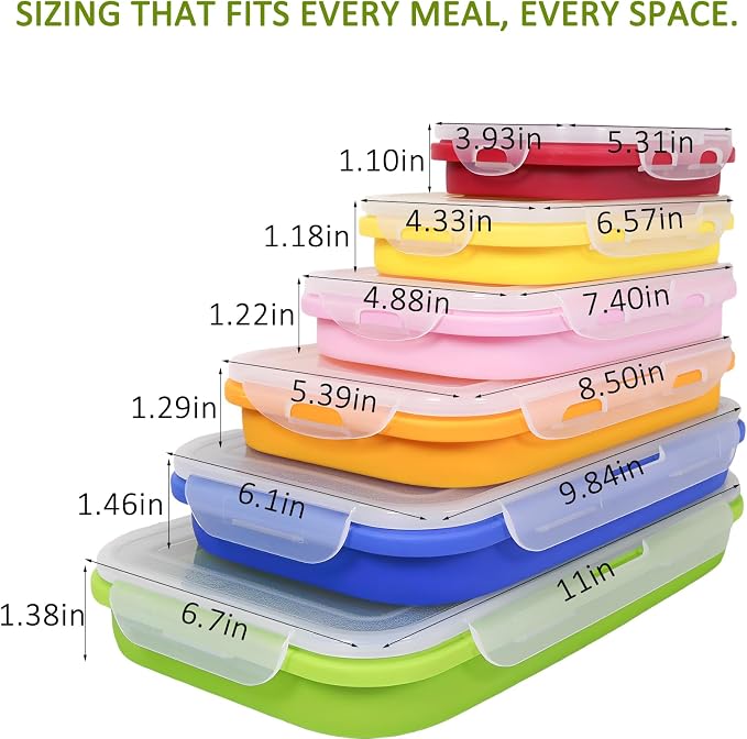 Set of 6 Collapsible Silicone Food Storage Containers With Lids, Durable, Meal Prep Foldable Bento Lunch Boxes for Kitchen, Camping, Microwave,Dishwasher and Freezer Safe, BPA Free