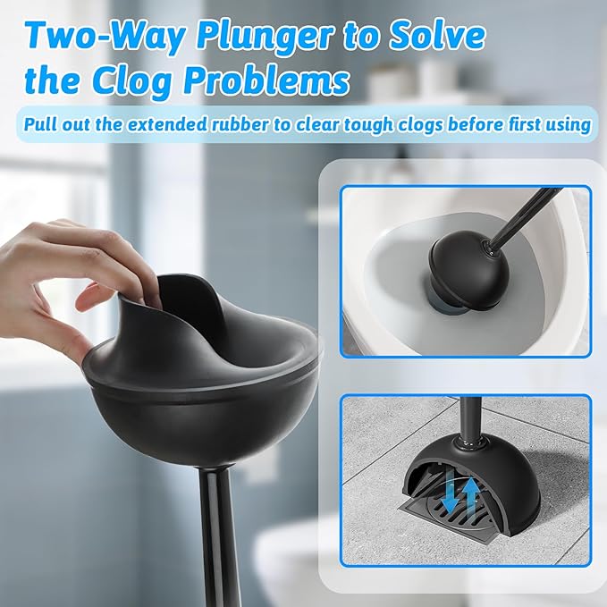 Sellemer Toilet Brush and Plunger Set, Curved Design Head for Deep Cleaning, Heavy Duty Toilet Bowl Brush and Plunger Combo with Holder for Bathroom Cleaning, Black, 2 Pack