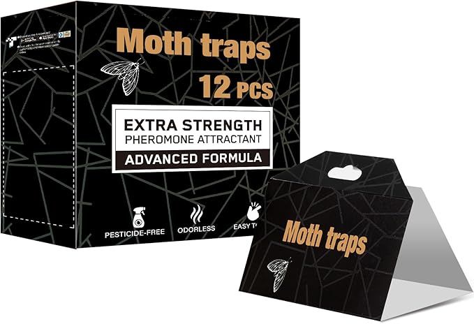 Upgraded Moth Traps, Double Potent Pantry & Clothes Traps with Pheromones Prime, No Toxic & Odorless Meal Moth Trap, Organic Sticky Moths Balls Repellent with Lure for Closet, Kitchens-12Pack