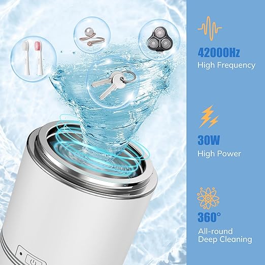 LifeBasis Ultrasonic Jewelry Cleaner, Portable Ultrasonic Cleaner 7.4 OZ (220ML) 42kHz Ultrasonic Retainer Cleaner Machine for Denture Retainer Aligner Jewelry Coins - White