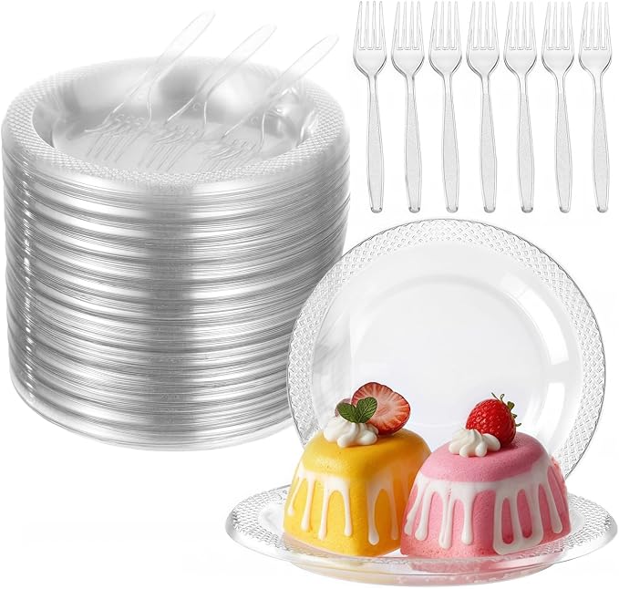 OMISTAR 400 set 9inch Clear Plastic Dessert Plates and Forks, Include 200 Disposable Appetizer Plates with 200Plastic Forks, Round Dinner Plate for Wedding BBQ Picnic Camping Events Party Supplies